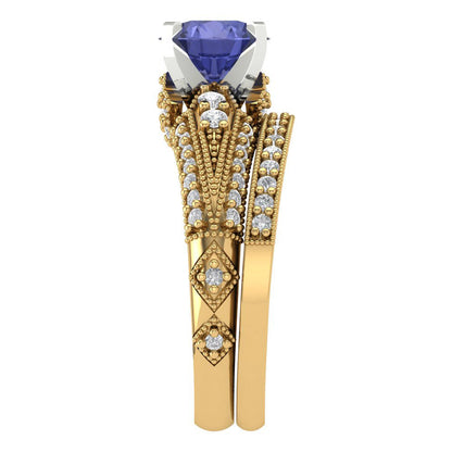 2.095 cttw Round Cut Simulated Tanzanite Bridal Set - Solid Yellow/White Gold Engagement Ring & Wedding Band