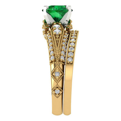 2.095 cttw Round Cut Simulated Emerald Bridal Set - Solid Yellow/White Gold Engagement Ring & Wedding Band