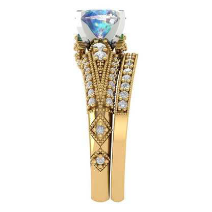 2.095 cttw Round Cut Blue Moissanite Bridal Set - Solid Yellow/White Gold Engagement Ring & Wedding Band