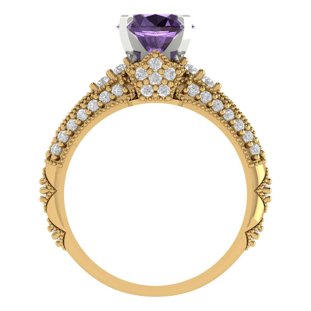2.095 cttw Round Cut Simulated Alexandrite Bridal Set - Solid Yellow/White Gold Engagement Ring & Wedding Band