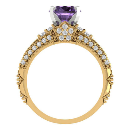 2.095 cttw Round Cut Simulated Alexandrite Bridal Set - Solid Yellow/White Gold Engagement Ring & Wedding Band