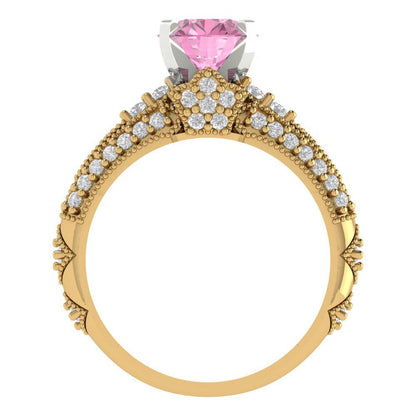 2.095 cttw Round Cut Simulated Pink Diamond Bridal Set - Solid Yellow/White Gold Engagement Ring & Wedding Band