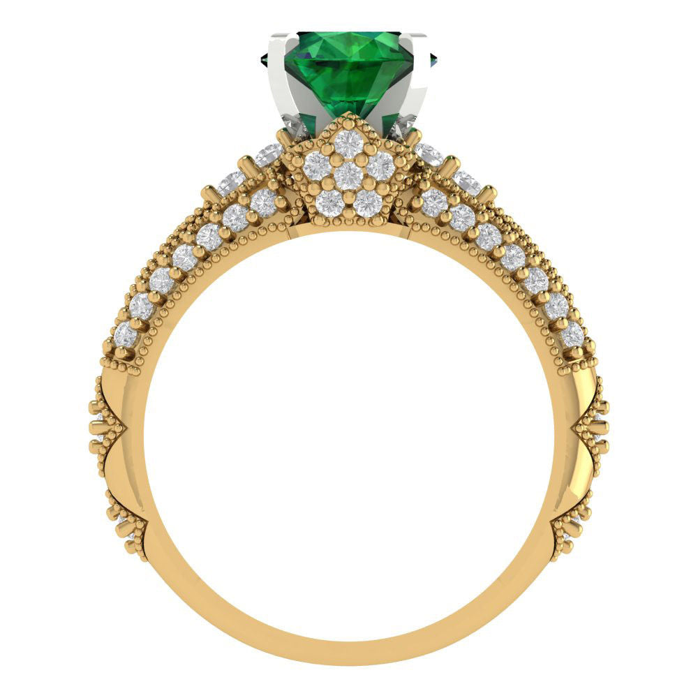 2.095 cttw Round Cut Simulated Emerald Bridal Set - Solid Yellow/White Gold Engagement Ring & Wedding Band
