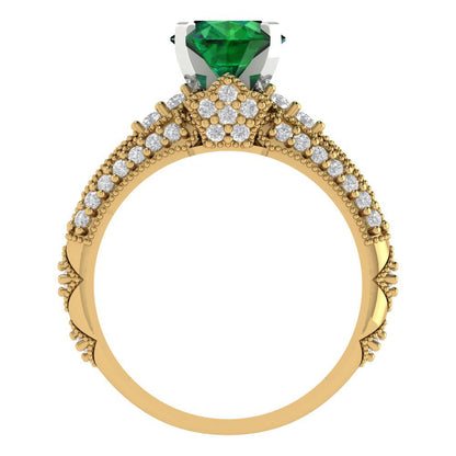 2.095 cttw Round Cut Simulated Emerald Bridal Set - Solid Yellow/White Gold Engagement Ring & Wedding Band