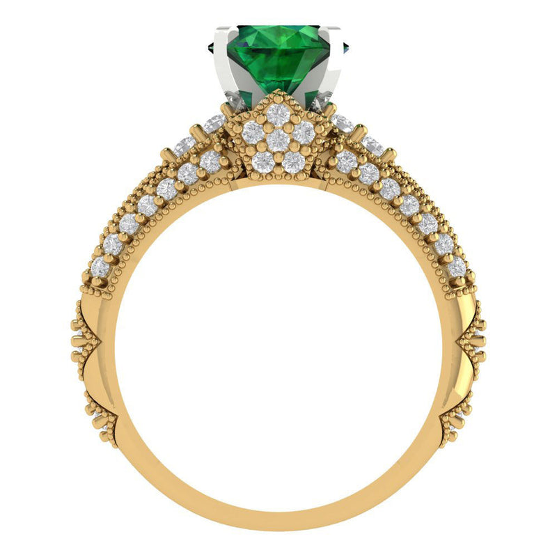 1.99 ct Brilliant Round Cut Simulated Emerald Stone Yellow/White Gold Solitaire with Accents Bridal Set