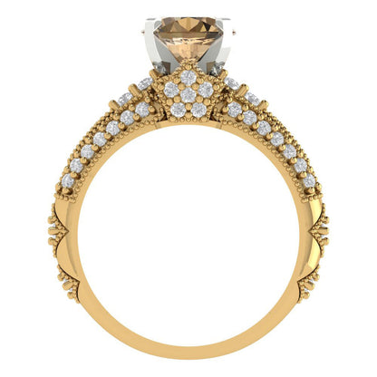 2.095 cttw Round Cut Simulated Champagne Diamond Bridal Set - Solid Yellow/White Gold Engagement Ring & Wedding Band