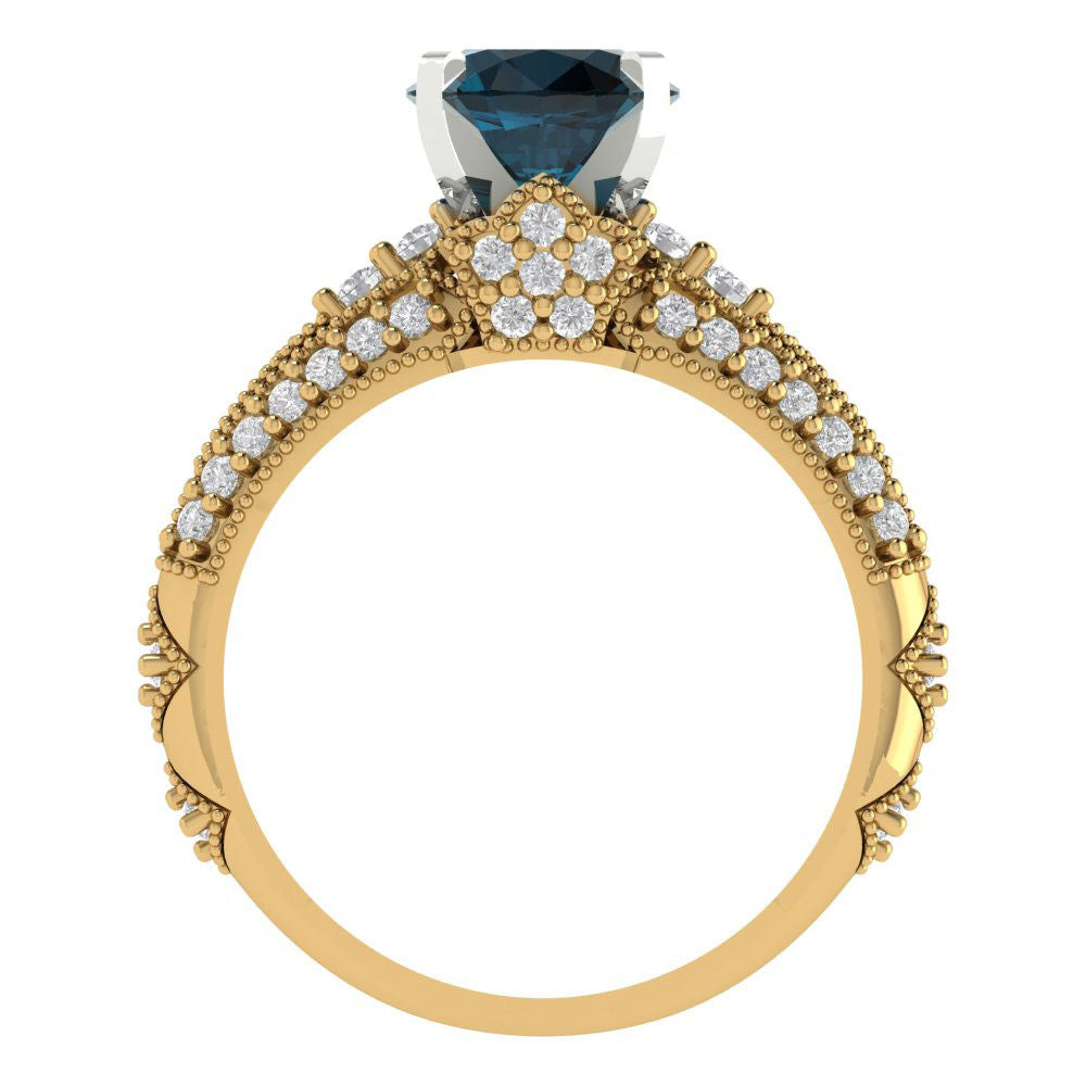 2.095 cttw Round Cut Natural London Blue Topaz Bridal Set - Solid Yellow/White Gold Engagement Ring & Wedding Band