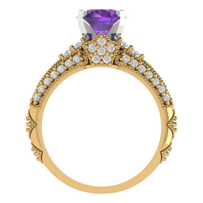 2.095 cttw Round Cut Natural Amethyst Bridal Set - Solid Yellow/White Gold Engagement Ring & Wedding Band