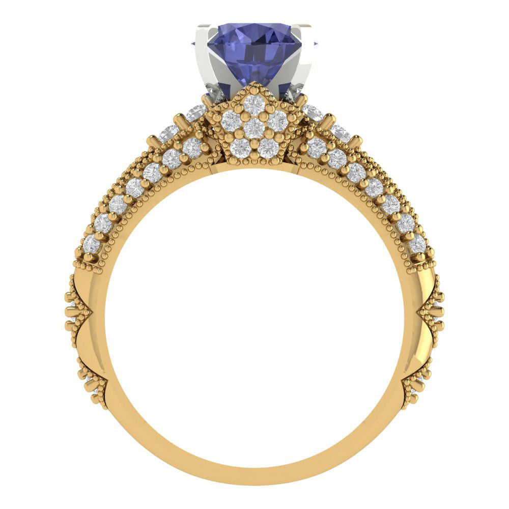 2.095 cttw Round Cut Simulated Tanzanite Bridal Set - Solid Yellow/White Gold Engagement Ring & Wedding Band