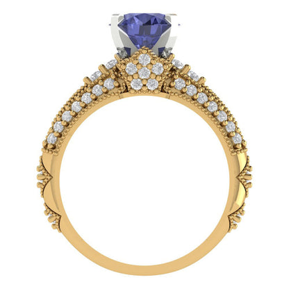 2.095 cttw Round Cut Simulated Tanzanite Bridal Set - Solid Yellow/White Gold Engagement Ring & Wedding Band