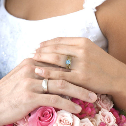 2.095 cttw Round Cut Natural Swiss Blue Topaz Bridal Set - Solid Yellow/White Gold Engagement Ring & Wedding Band
