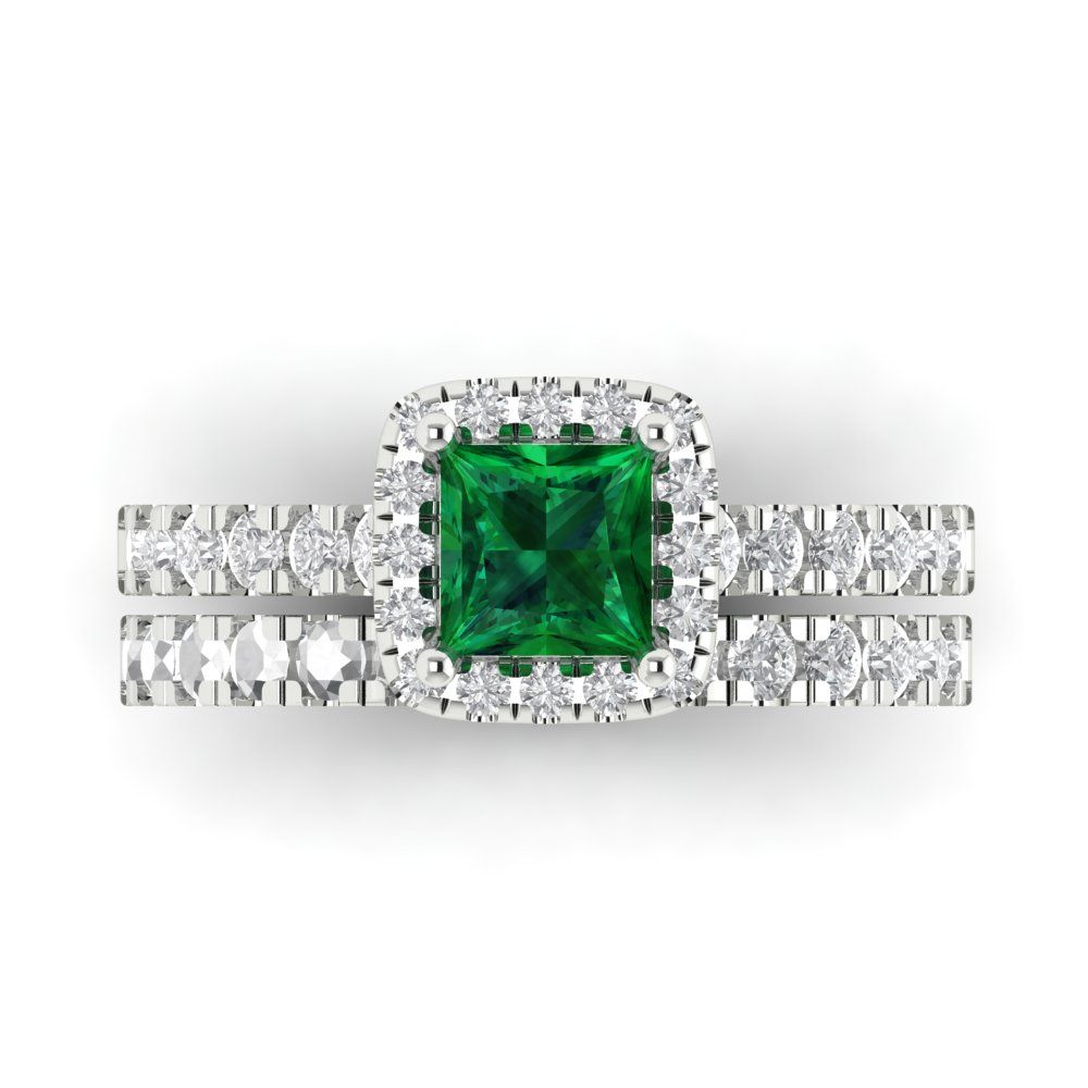 1.56 cttw Princess Cut Simulated Emerald Bridal Set - Solid White Gold Engagement Ring & Wedding Band