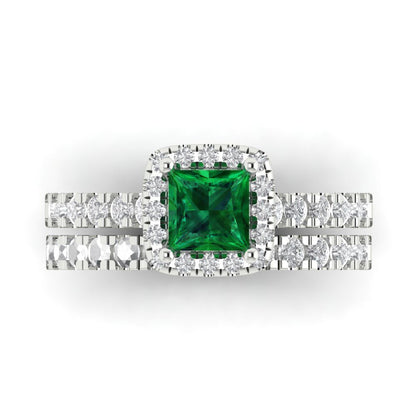 1.56 cttw Princess Cut Simulated Emerald Bridal Set - Solid White Gold Engagement Ring & Wedding Band