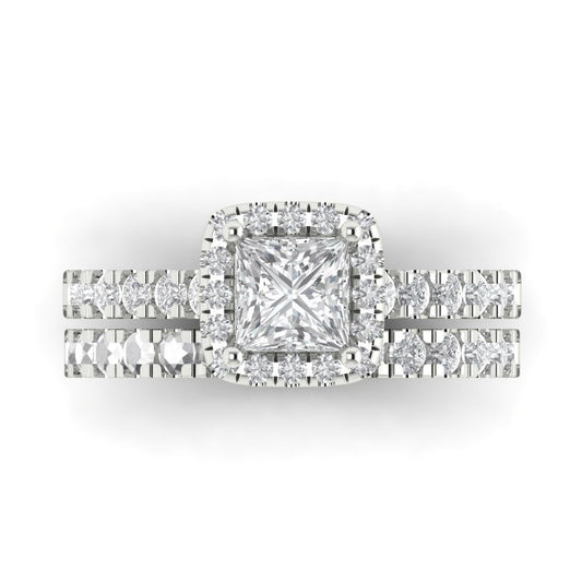 1.56 cttw Princess Cut Moissanite Bridal Set - Solid White Gold Engagement Ring & Wedding Band