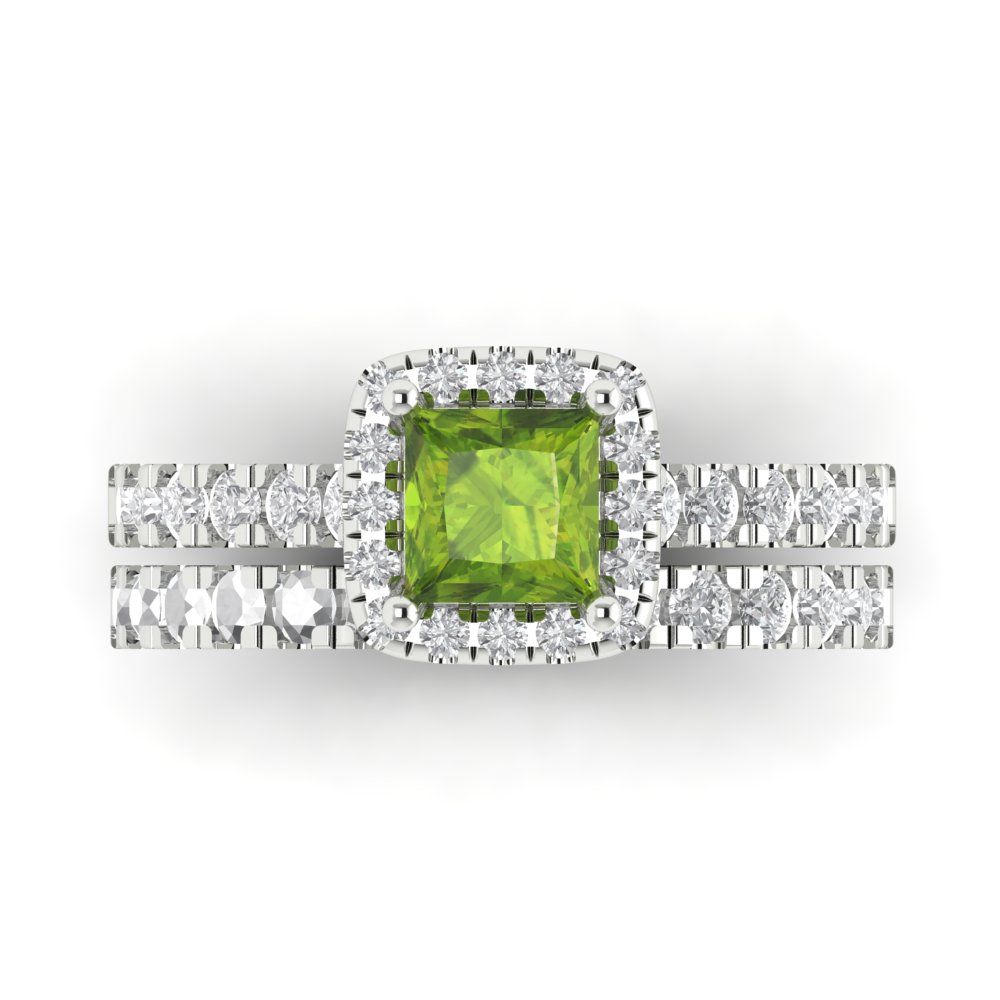 1.56 cttw Princess Cut Natural Peridot Bridal Set - Solid White Gold Engagement Ring & Wedding Band