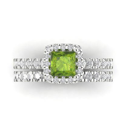 1.56 cttw Princess Cut Natural Peridot Bridal Set - Solid White Gold Engagement Ring & Wedding Band