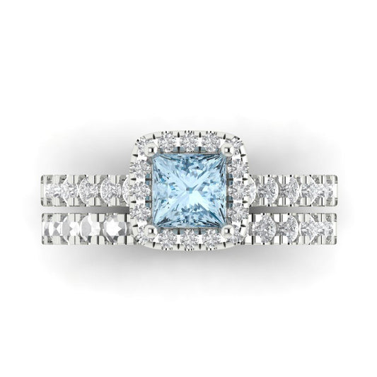 1.56 cttw Princess Cut Natural Sky Blue Topaz Bridal Set - Solid White Gold Engagement Ring & Wedding Band