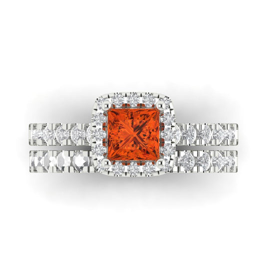 1.56 cttw Princess Cut Simulated Red Diamond Bridal Set - Solid White Gold Engagement Ring & Wedding Band