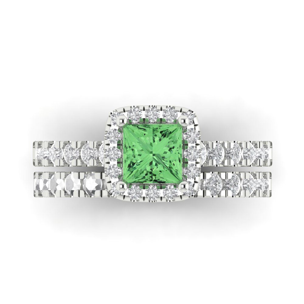 1.56 cttw Princess Cut Simulated Green Diamond Bridal Set - Solid White Gold Engagement Ring & Wedding Band