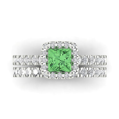 1.56 cttw Princess Cut Simulated Green Diamond Bridal Set - Solid White Gold Engagement Ring & Wedding Band