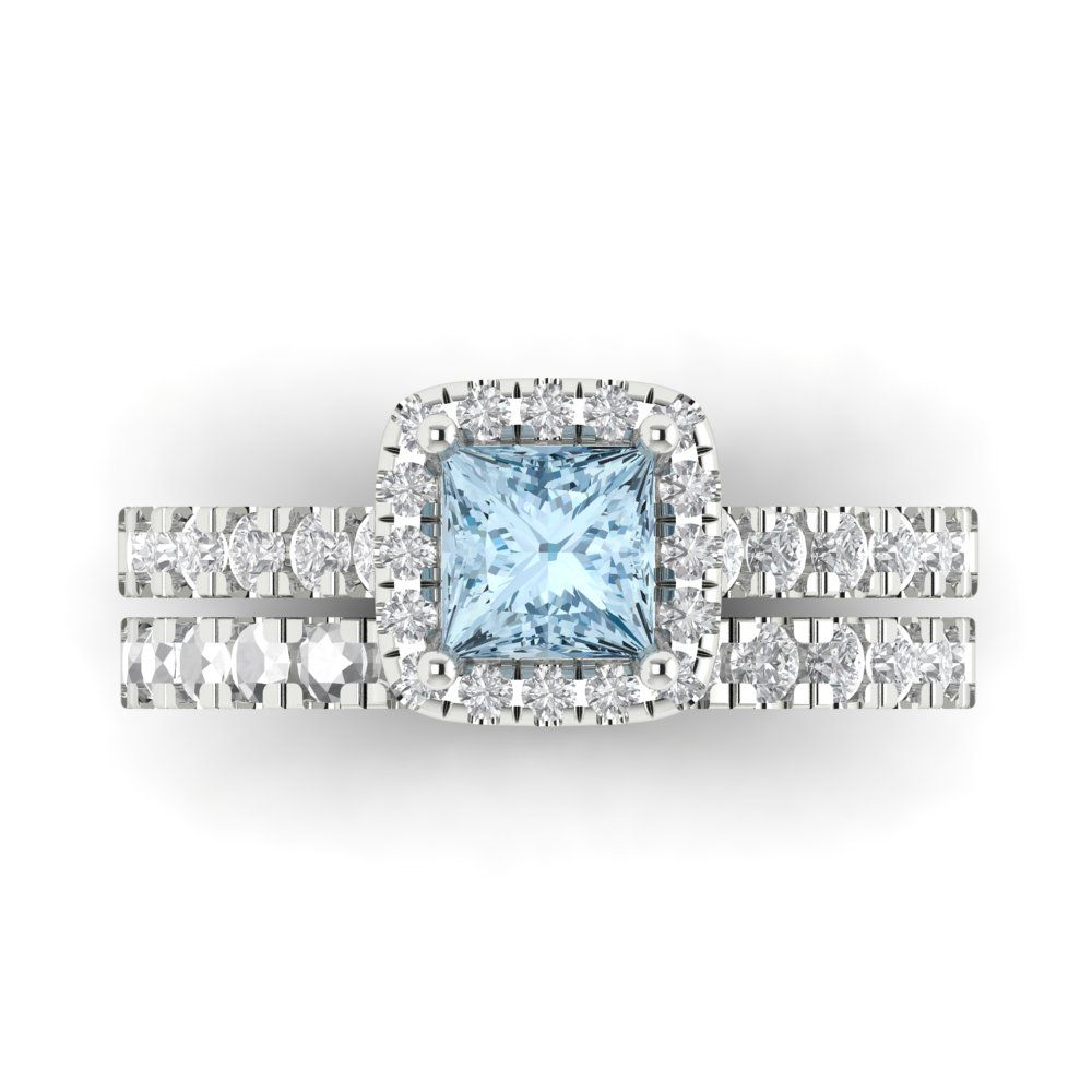 1.56 cttw Princess Cut Simulated Blue Diamond Bridal Set - Solid White Gold Engagement Ring & Wedding Band