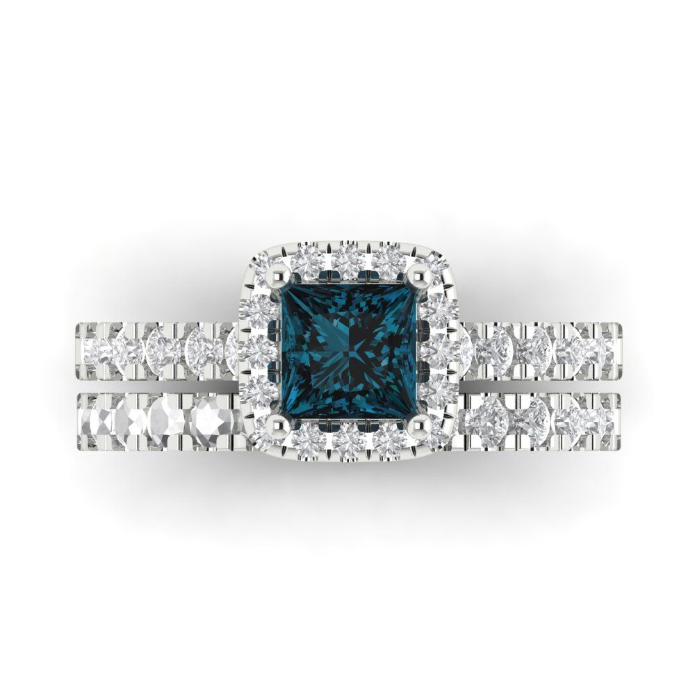 1.56 cttw Princess Cut Natural London Blue Topaz Bridal Set - Solid White Gold Engagement Ring & Wedding Band