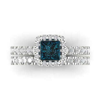 1.56 cttw Princess Cut Natural London Blue Topaz Bridal Set - Solid White Gold Engagement Ring & Wedding Band