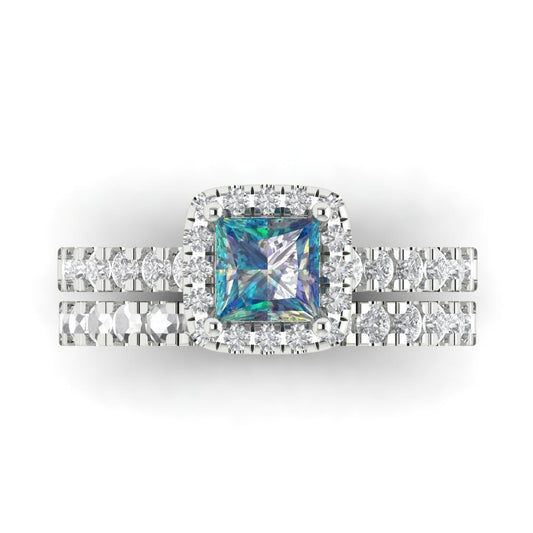 1.56 cttw Princess Cut Blue Moissanite Bridal Set - Solid White Gold Engagement Ring & Wedding Band