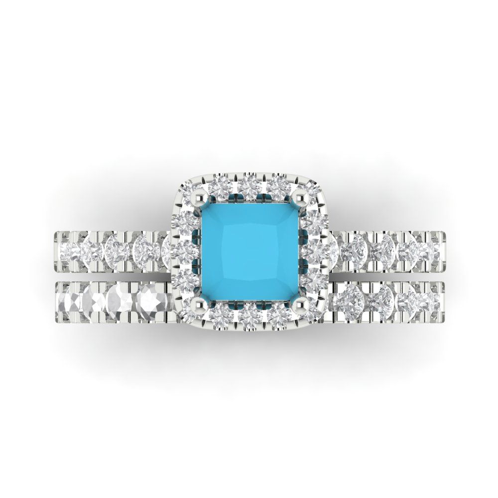 1.56 cttw Princess Cut Simulated Turquoise Bridal Set - Solid White Gold Engagement Ring & Wedding Band
