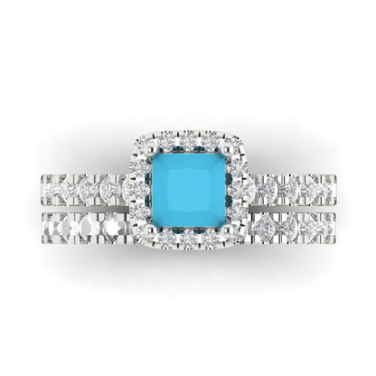 1.56 cttw Princess Cut Simulated Turquoise Bridal Set - Solid White Gold Engagement Ring & Wedding Band