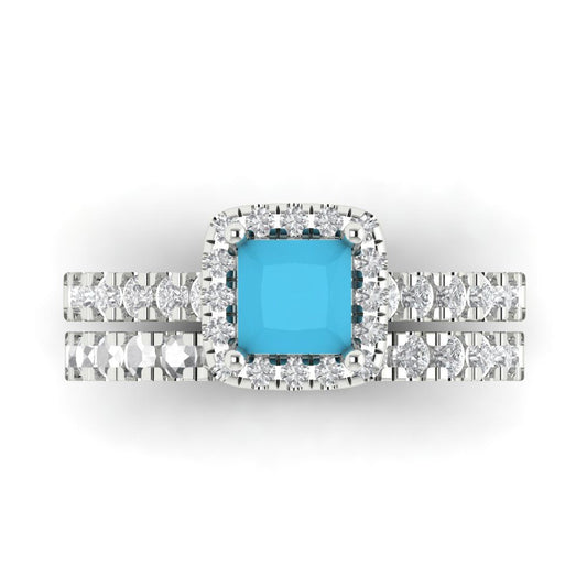 1.56 cttw Princess Cut Simulated Turquoise Bridal Set - Solid White Gold Engagement Ring & Wedding Band