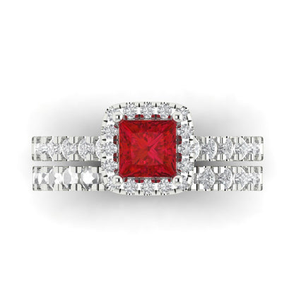 1.56 cttw Princess Cut Simulated Ruby Bridal Set - Solid White Gold Engagement Ring & Wedding Band