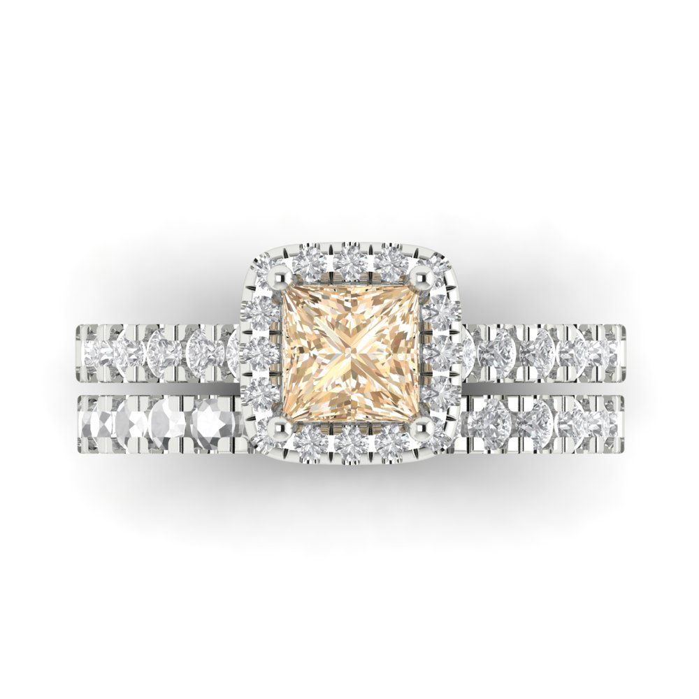 1.56 cttw Princess Cut Natural Morganite Bridal Set - Solid White Gold Engagement Ring & Wedding Band