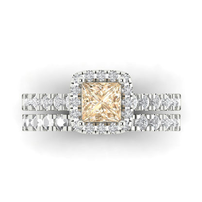1.56 cttw Princess Cut Natural Morganite Bridal Set - Solid White Gold Engagement Ring & Wedding Band
