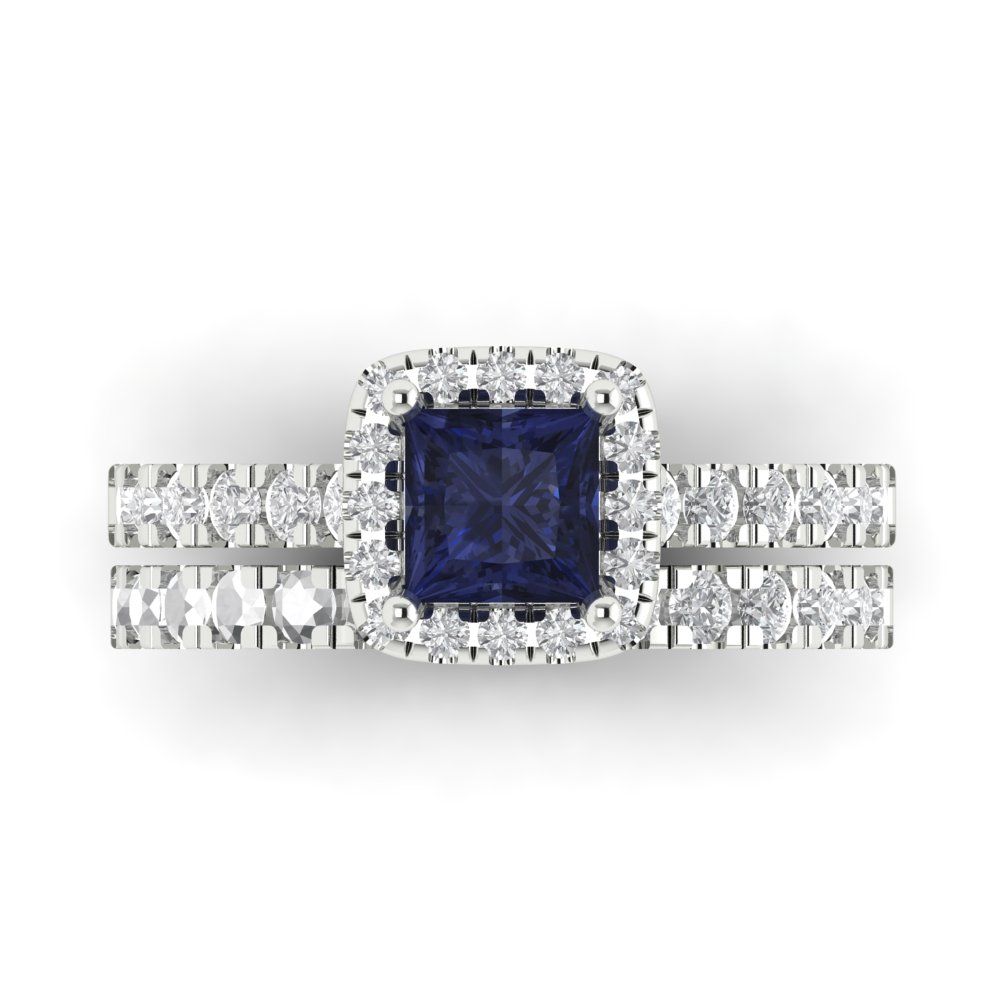 1.56 cttw Princess Cut Simulated Blue Sapphire Bridal Set - Solid White Gold Engagement Ring & Wedding Band