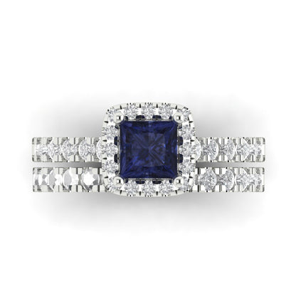 1.56 cttw Princess Cut Simulated Blue Sapphire Bridal Set - Solid White Gold Engagement Ring & Wedding Band
