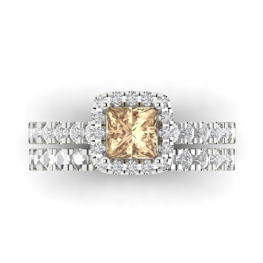 1.56 cttw Princess Cut Yellow Moissanite Bridal Set - Solid White Gold Engagement Ring & Wedding Band