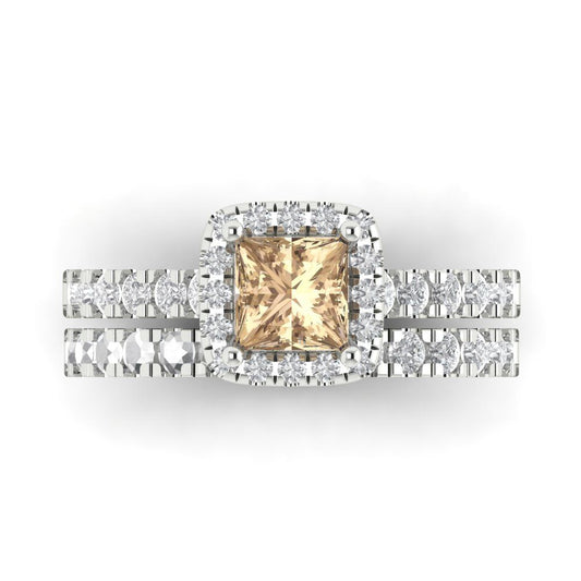 1.56 cttw Princess Cut Yellow Moissanite Bridal Set - Solid White Gold Engagement Ring & Wedding Band