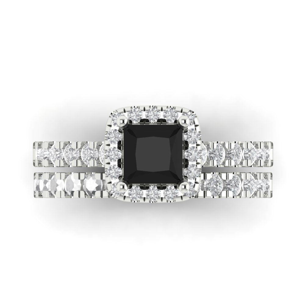 1.56 cttw Princess Cut Natural Onyx Bridal Set - Solid White Gold Engagement Ring & Wedding Band