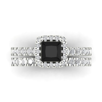 1.56 cttw Princess Cut Natural Onyx Bridal Set - Solid White Gold Engagement Ring & Wedding Band