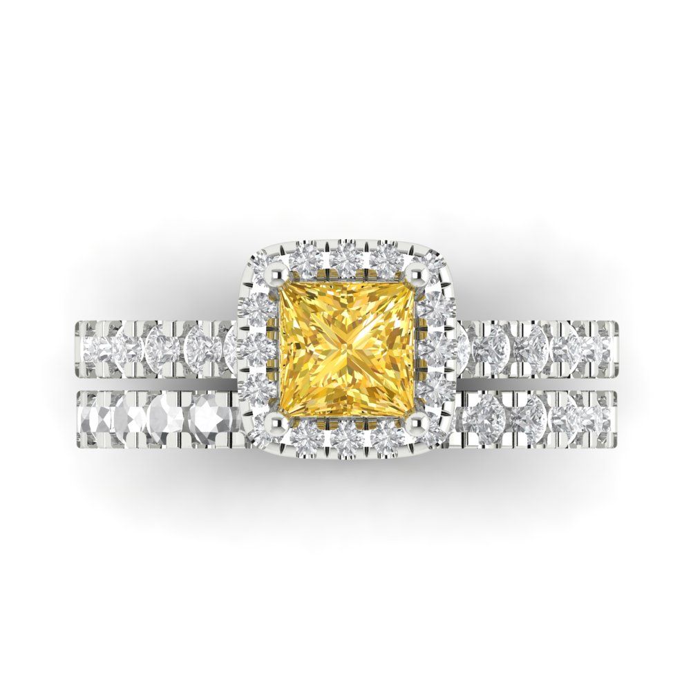 1.56 cttw Princess Cut Simulated Yellow Diamond Bridal Set - Solid White Gold Engagement Ring & Wedding Band