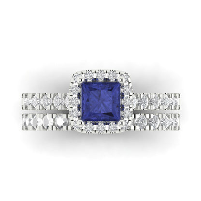 1.56 cttw Princess Cut Simulated Tanzanite Bridal Set - Solid White Gold Engagement Ring & Wedding Band