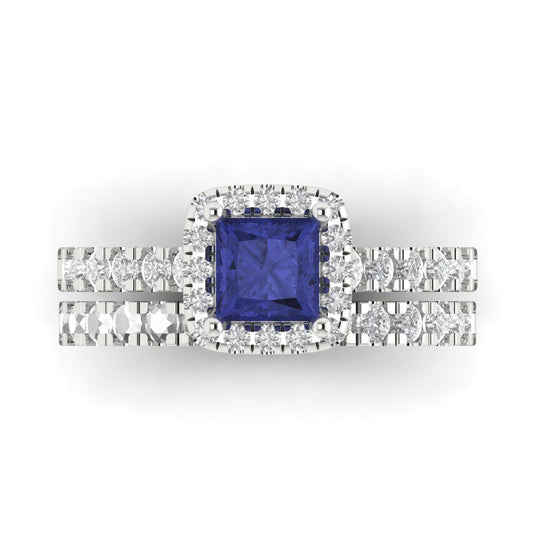 1.56 cttw Princess Cut Simulated Tanzanite Bridal Set - Solid White Gold Engagement Ring & Wedding Band