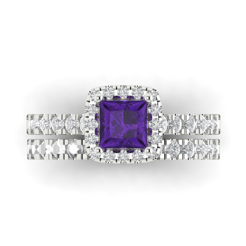 1.56 cttw Princess Cut Natural Amethyst Bridal Set - Solid White Gold Engagement Ring & Wedding Band