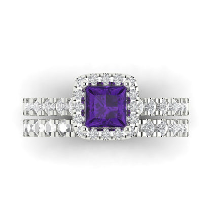 1.56 cttw Princess Cut Natural Amethyst Bridal Set - Solid White Gold Engagement Ring & Wedding Band