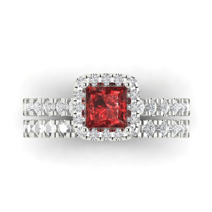 1.56 cttw Princess Cut Natural Garnet Bridal Set - Solid White Gold Engagement Ring & Wedding Band
