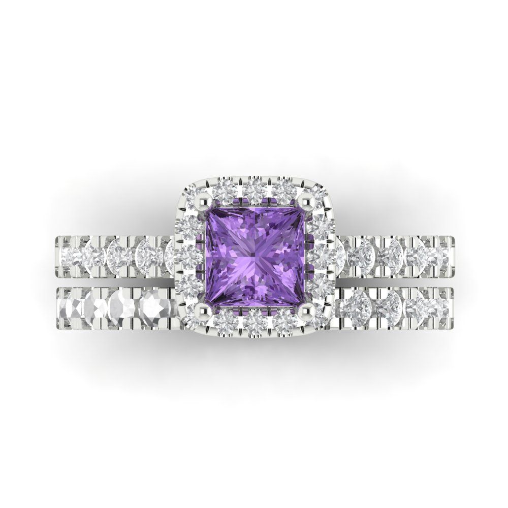 1.56 cttw Princess Cut Simulated Alexandrite Bridal Set - Solid White Gold Engagement Ring & Wedding Band