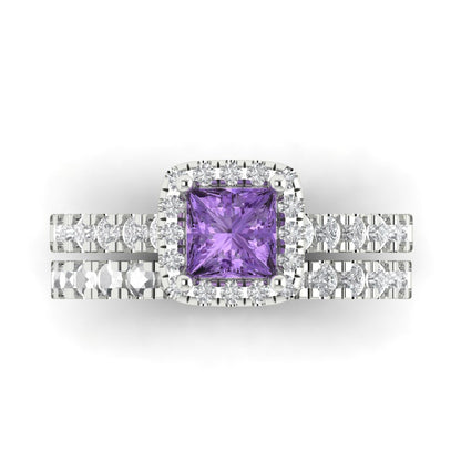 1.56 cttw Princess Cut Simulated Alexandrite Bridal Set - Solid White Gold Engagement Ring & Wedding Band