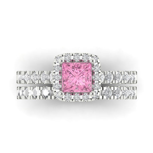 1.56 cttw Princess Cut Simulated Pink Diamond Bridal Set - Solid White Gold Engagement Ring & Wedding Band