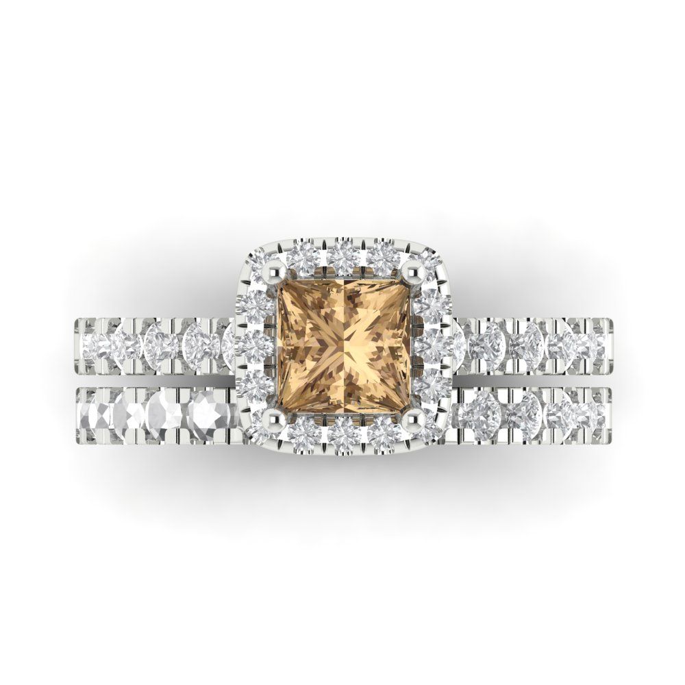 1.56 cttw Princess Cut Simulated Champagne Diamond Bridal Set - Solid White Gold Engagement Ring & Wedding Band